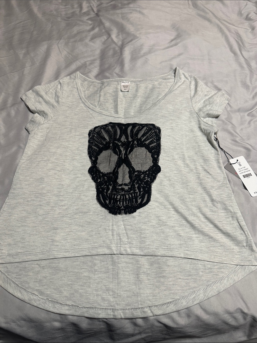 Light Gray Short-Sleeve Tee with Black Skull Applique by